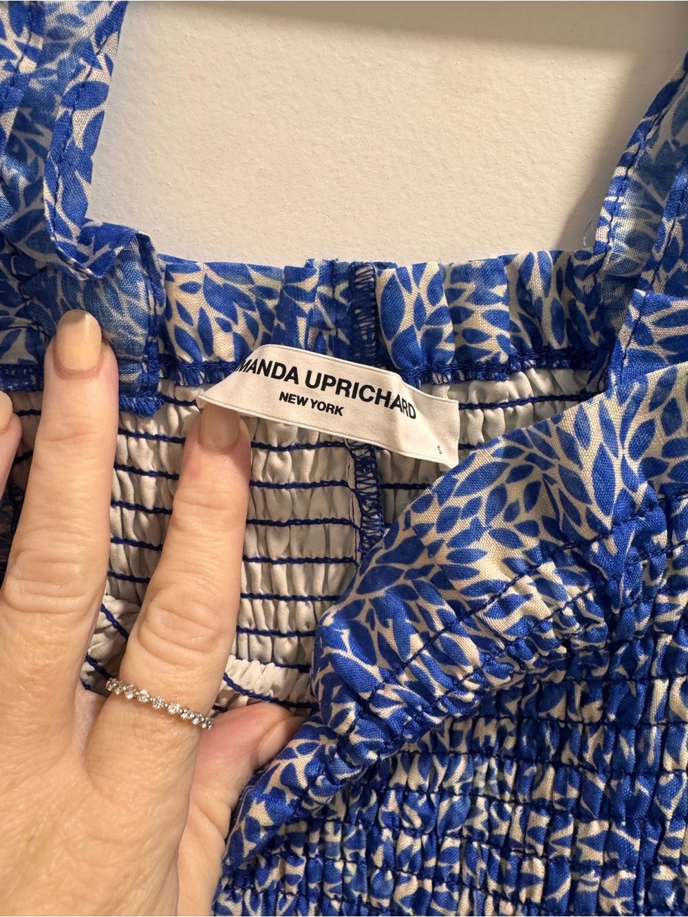 Amanda Uprichard Blue Printed Smocked Midi Dress with Ruffle Straps small - Picture 2 of 3